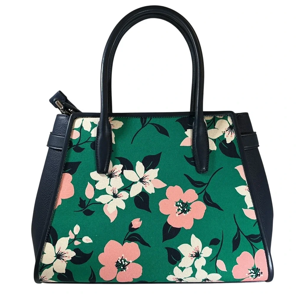 Kate Spade Lucia‎ Lily Blooms Medium Canvas Satchel Navy Leather Trim Handbag